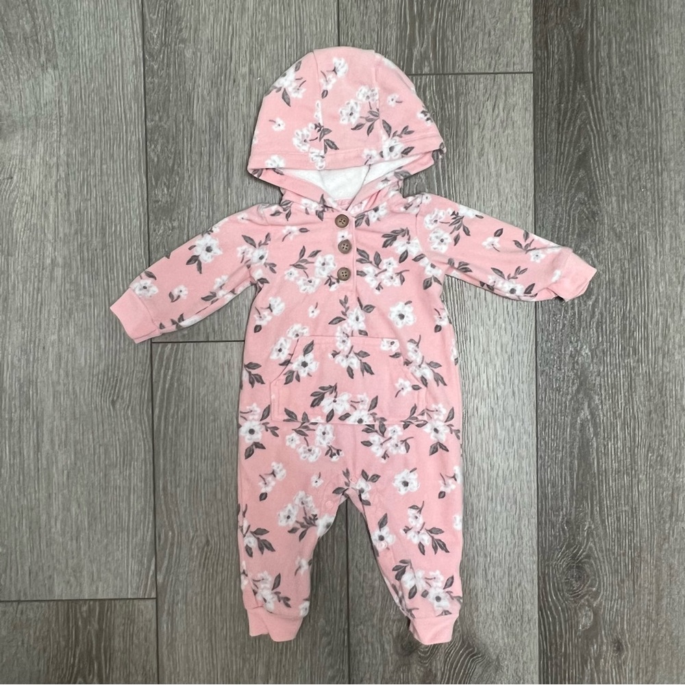 CARTERS HOODED FLEECE JUMPSUIT PINK FLORAL 6MO
